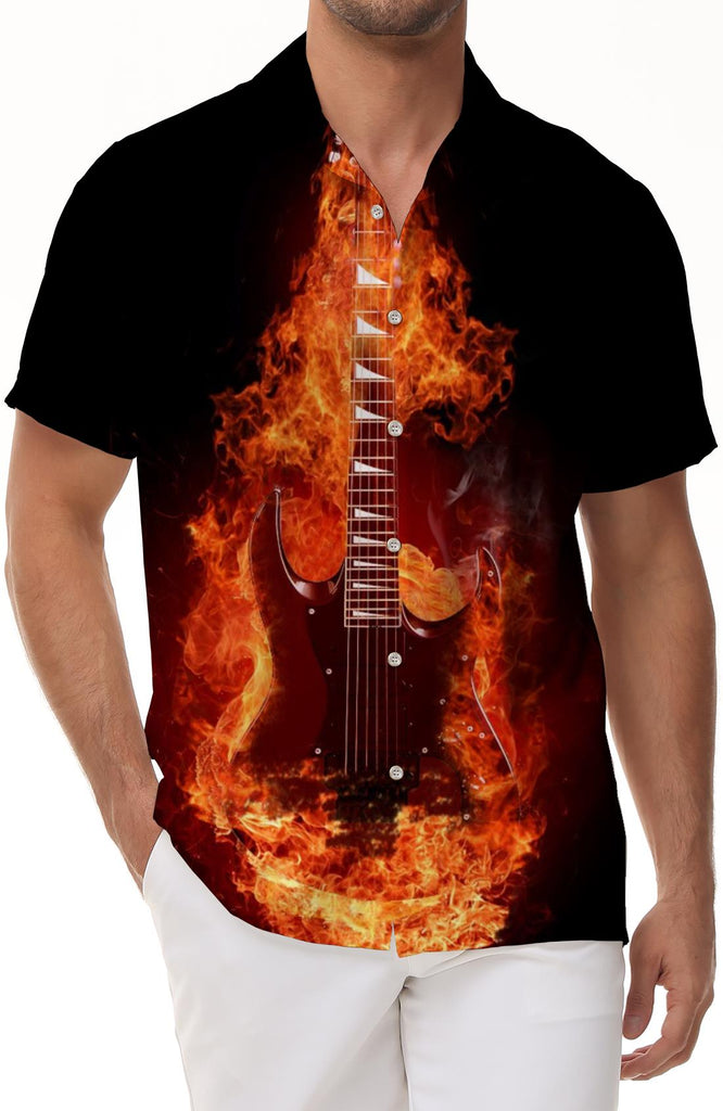 Men's Hip-Hop Style Flame Guitar 3D Printed Short Sleeve Shirt Personality Pattern Casual Summer Fashion Shirt Short Sleeve