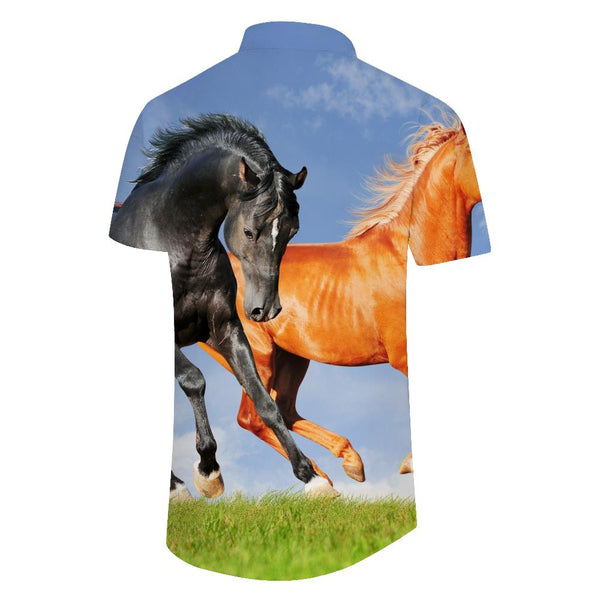 
Printed horses running on the grass short sleeve casual fashion men's tropical Hawaiian button pocket lapel shirt retro style
                