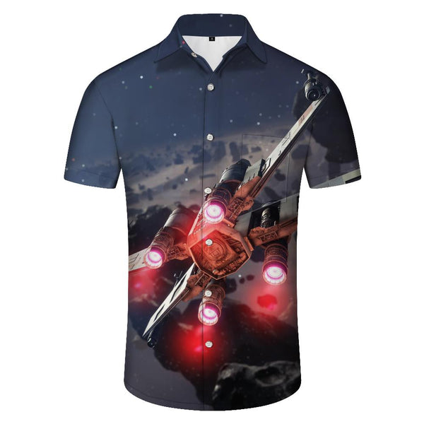 
Outer space technology aircraft print casual men's lapel tops new summer men's short-sleeved shirts comfortable and breathable
                