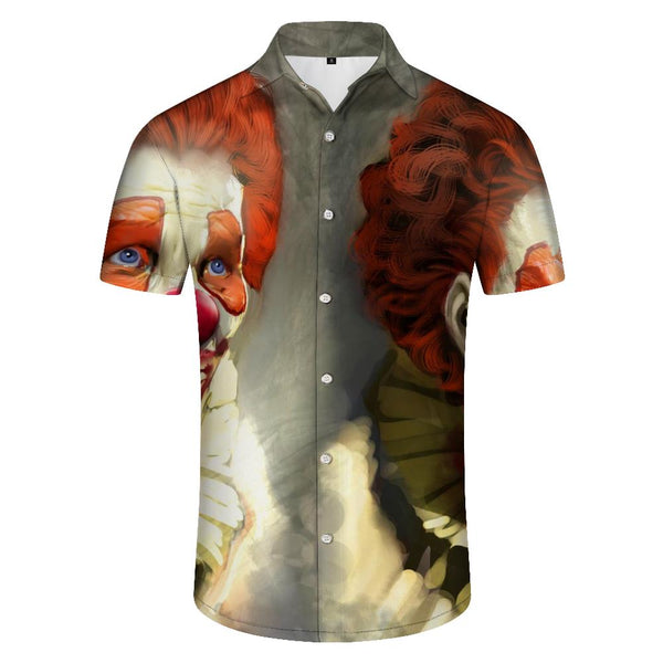 
European and American art style print pattern Hawaiian men's casual button loose pocket daily lapel short-sleeved shirt polyester
                
