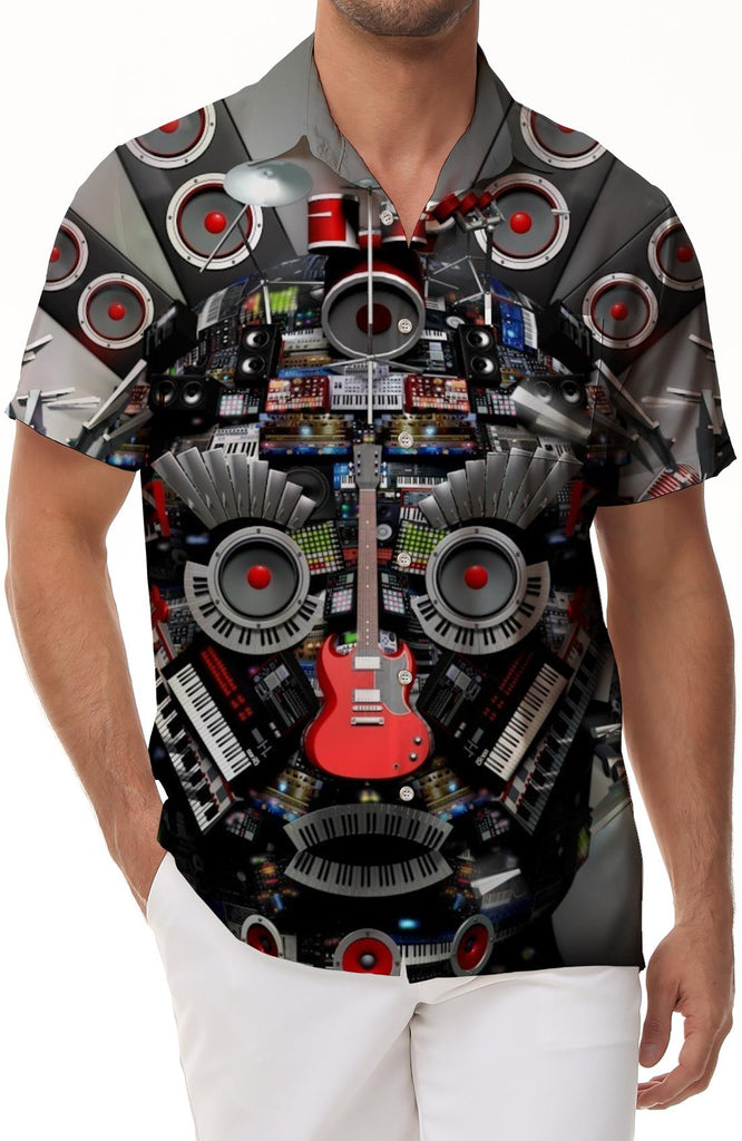 Lapel music abstract geometric head short-sleeved shirt daily top shirt fashion summer men's short-sleeved shirt daily travel