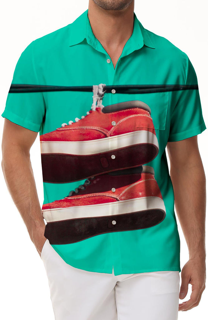 Vintage fashion red shoes graphic print mens Hawaiian shirt casual floral button down short sleeve shirt beach tropical