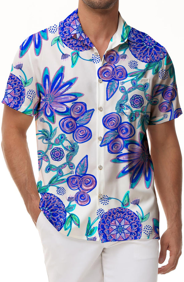 Abstract painting art men's casual daily travel short sleeve shirt Hawaiian tropical lapel pocket outdoor fishing top