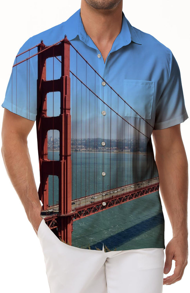 Spectacular red bridge shirt men's street fashion short-sleeved shirt Hawaiian button outdoor vacation fishing tropical style