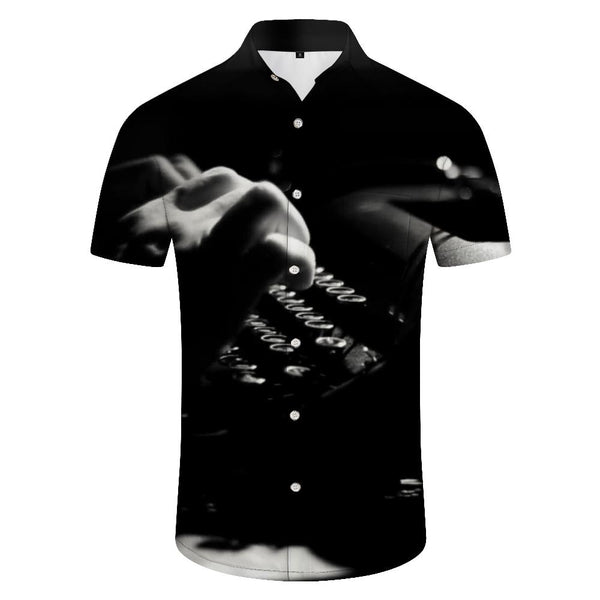 
European and American typewriter summer casual seaside shirt men's loose casual retro lining sleeve button Hawaiian shirt short-sleeved top
                