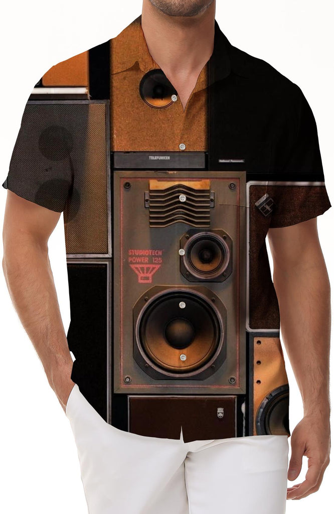 Retro black and brown music speakers men's casual short-sleeved Hawaiian fun four seasons shirt 3d digital printing
