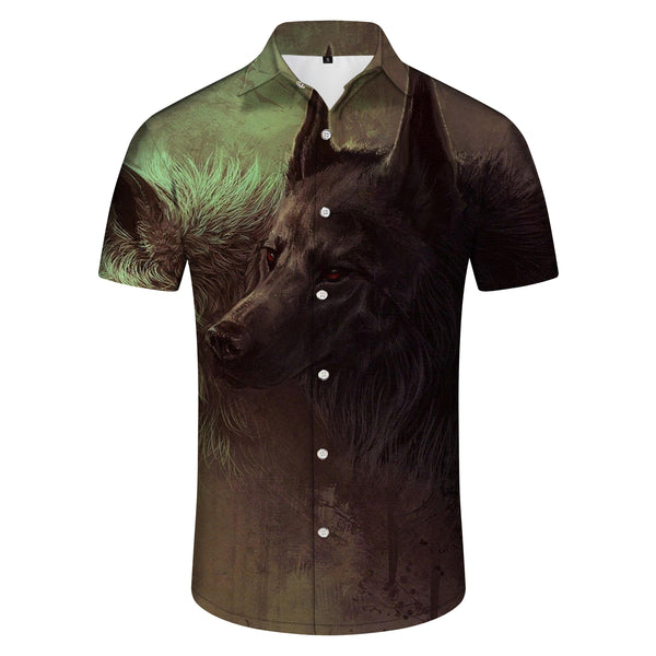 
Fierce Wolf Head Beach Vacation Cool Hawaiian Button Lapel Men's Printed Pattern Shirt Short Sleeve Black
                