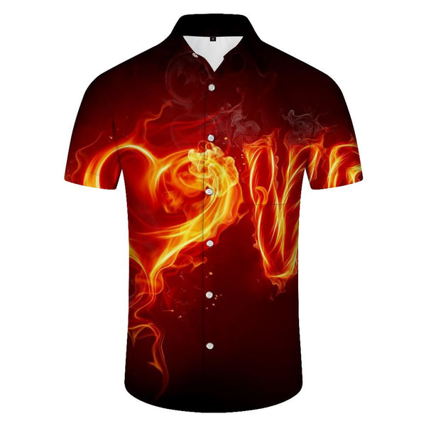 
Fun English Letter Print Flame Pattern Hawaiian Button Lapel Short Sleeve Shirt Men's Beach Style
                
