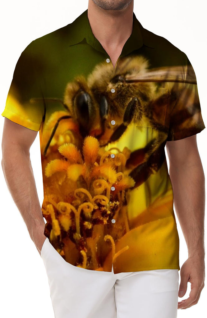 Summer yellow bee collecting honey men's vacation travel short-sleeved shirt casual loose lapel short-sleeved shirt top polyester
