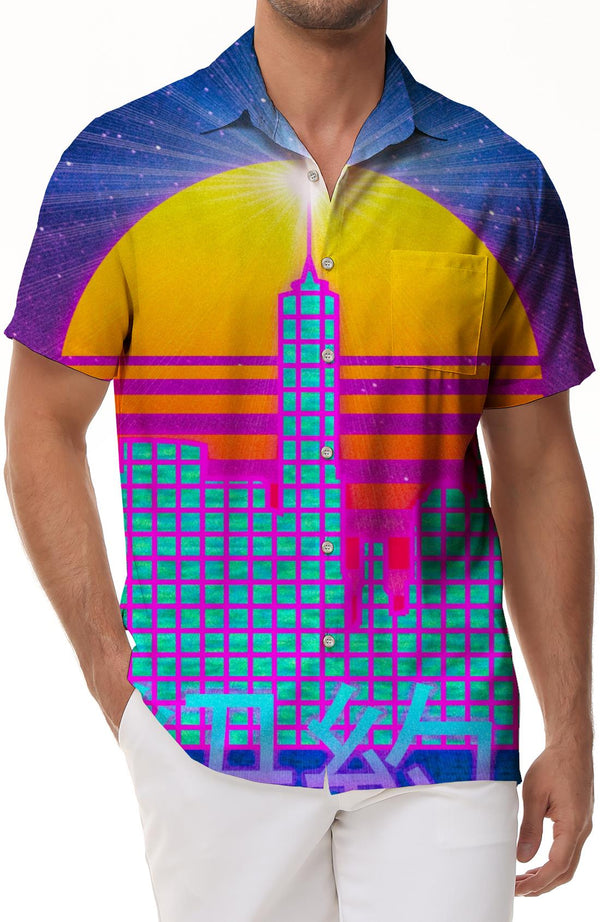 New York retro geometric style shirt under the bustling moon short sleeve beach shirt button shirt men's Hawaiian shirt