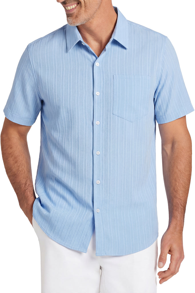 Men’s Solid Ocean Wave Stripe Texture Breathable Short Sleeve Shirt