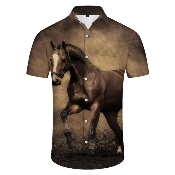 
Galloping horse print pattern men's button-down lapel tropical Hawaiian button-down lapel short sleeve fashion
                