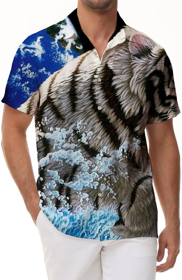 Galaxy White Tiger Men's Shirt Short Sleeve Button-Down Beach Shirt Casual Short Sleeve Top with Pockets