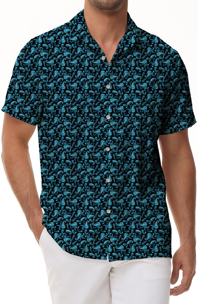 Art Pattern Designer Fashion Shirt Casual Woven Polyester Hawaiian Button Style Casual Short Sleeve Button Shirt Blue