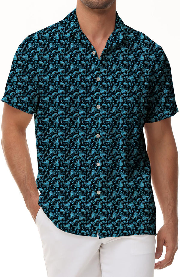 Art Pattern Designer Fashion Shirt Casual Woven Polyester Hawaiian Button Style Casual Short Sleeve Button Shirt Blue