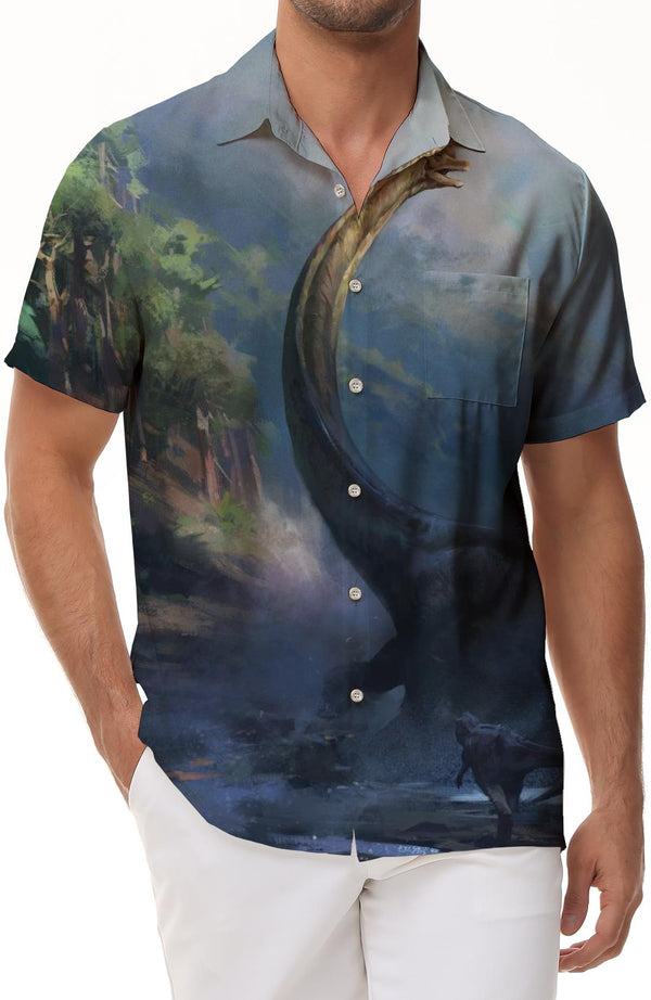Creative men's 3D printed short-sleeved shirt with ancient dinosaur pattern short-sleeved shirt with lapel personalized dinosaur short-sleeved shirt pattern