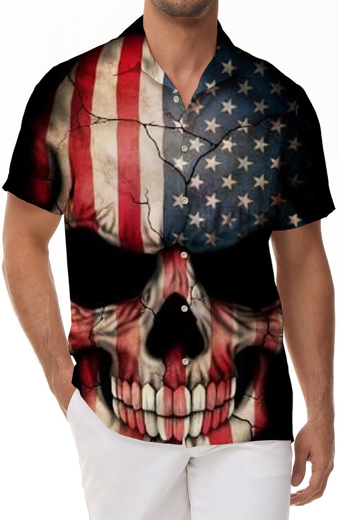 Classic Casual Mens Hawaiian Button Down Abstract 3D Print Shirt Short Sleeve Clothing Black Hell Skull Shirt