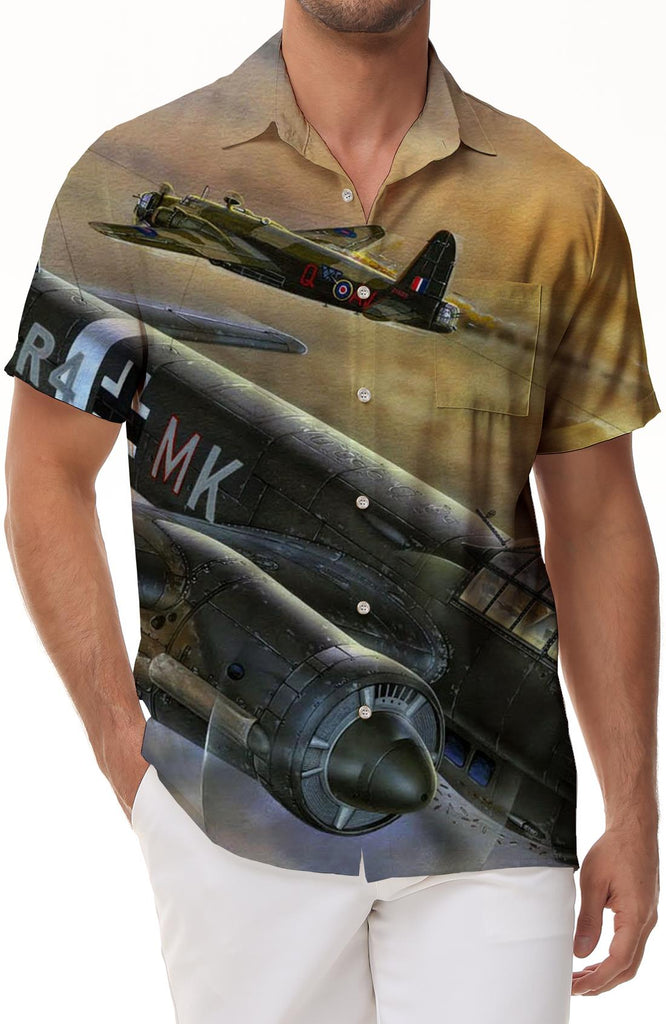 British retro Hawaiian shirt fighter print pattern casual men's outdoor four seasons short sleeve tropical style