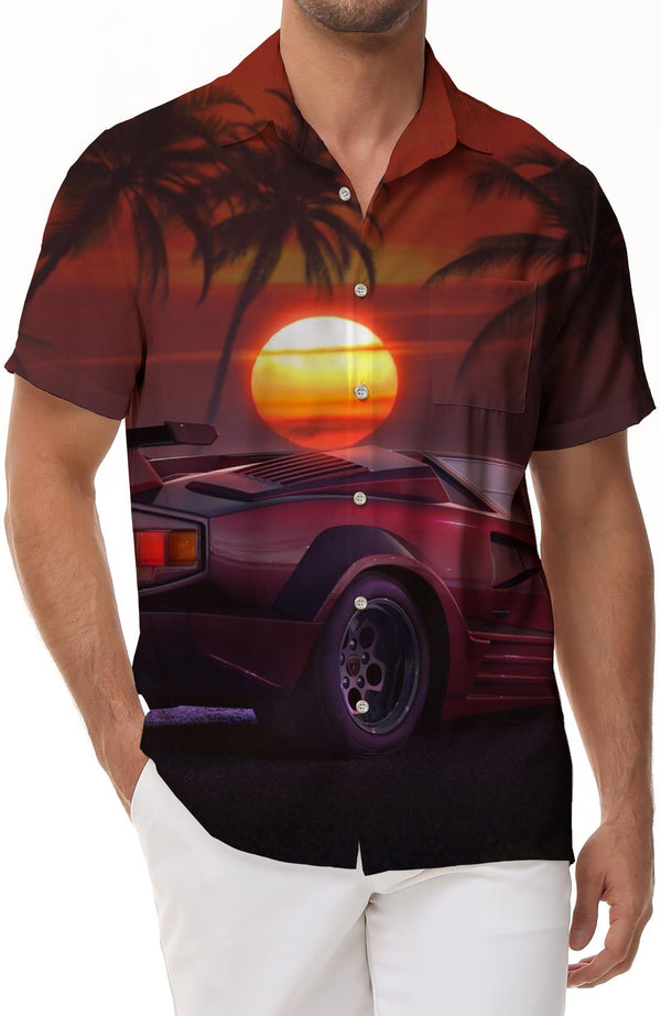Red sports car seaside coconut tree sunset view Hawaiian button tropical lapel summer men's casual loose daily street outdoor