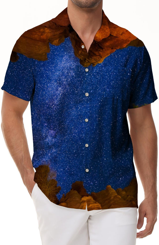 Desert Wild Chibi Silver Sea Men's Shirt Short Sleeve Casual Loose Button Shirt Beach Shirt Starry Sky
