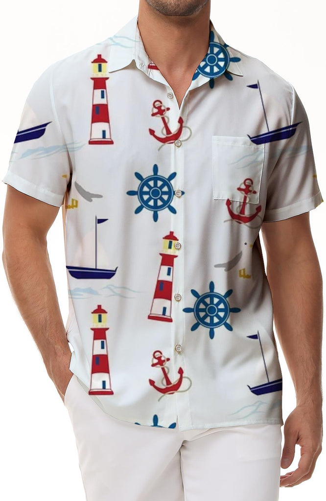 Ocean and Anchor Pattern Button Men's Casual Loose Vacation Seaside Beach Tropical Hawaii Digital Printed Short Sleeve
