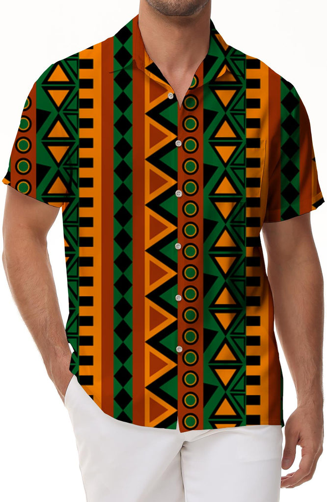 African style printed men's casual loose Hawaiian button-down lapel short-sleeved shirt for vacation at the beach