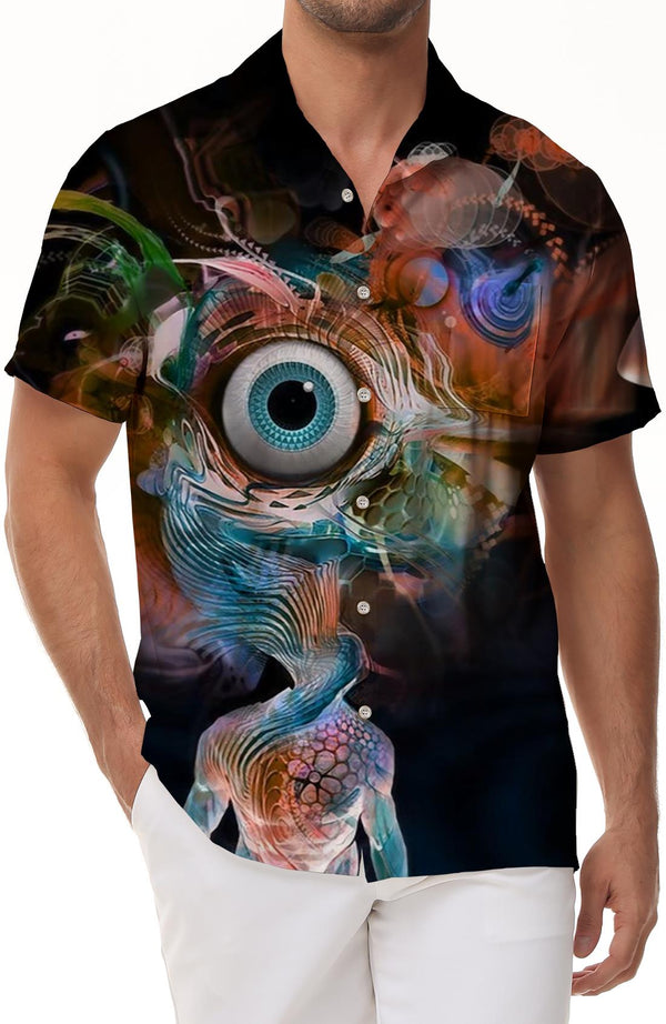 Eyeball abstract black 3d print pattern men's casual button down shirt short sleeve top summer short sleeve magic evil eye psychedelic