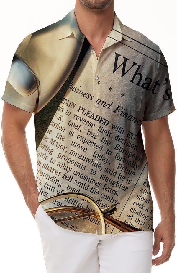 Vintage Men's Newspaper Print Short Sleeve Button Shirt Casual Lapel Shirt Summer Beach Party Shirt