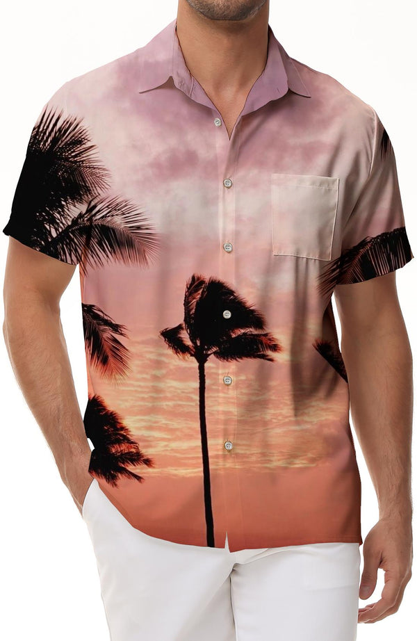 Sunset Coconut Tree Casual Tropical Short Sleeve Button Shirt 3D Print Mens Clothing Summer Vacation