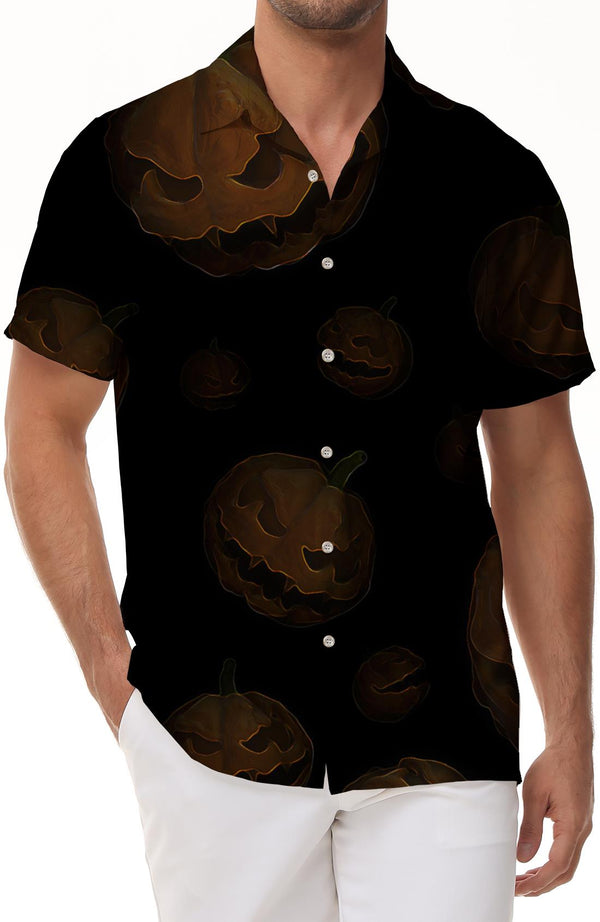 Pumpkin Monster Print Men's Button Shirt Fun Print Casual Short Sleeve Hawaiian Festival Shirt Short Sleeve