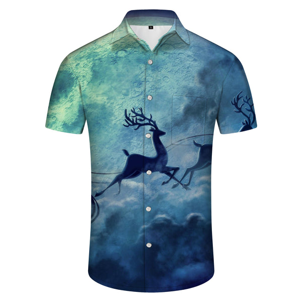 
3d Digital Printing Men's Christmas Santa Claus Gift Button Short Sleeve Shirt Blue
                