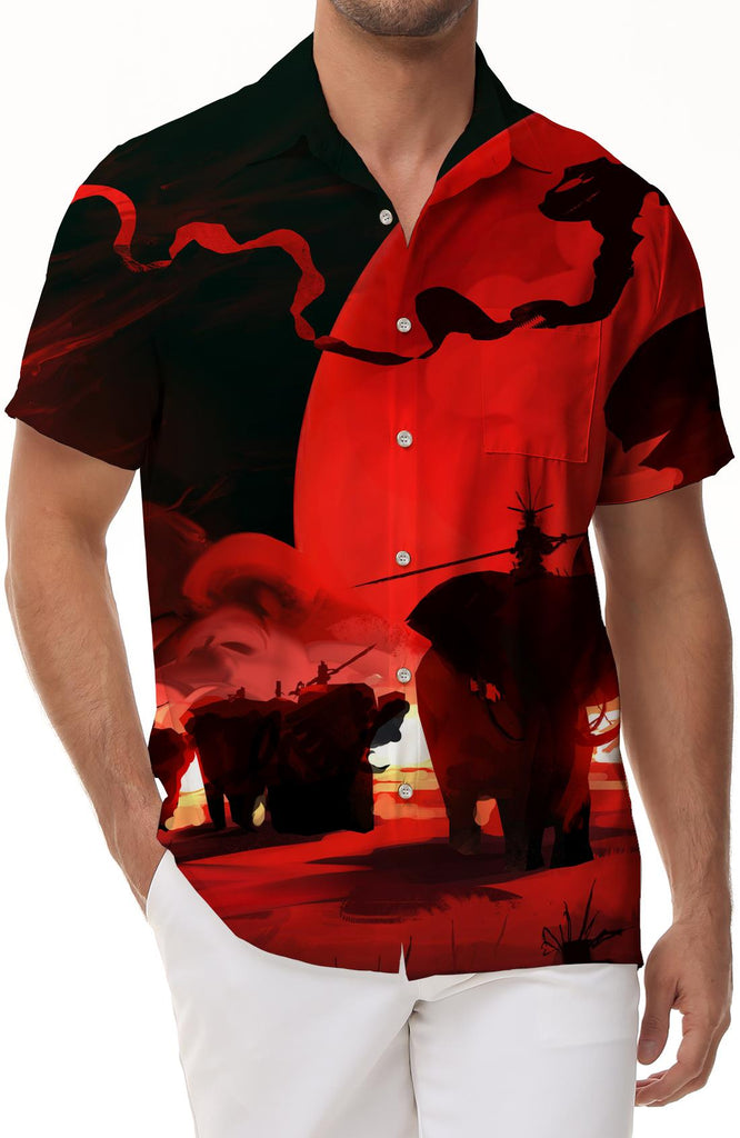 Red ancient riding elephant tropical four seasons pattern printing men's fashionable and comfortable breathable seaside shirt short sleeve button pocket elephant shirt Hawaii