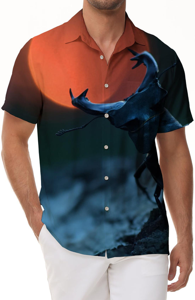 Beetle Giant Stag Beetle Digital Print Short Sleeve Shirt Seaside Ocean Hawaiian Button Lapel Pocket Beach Shirt Tropical