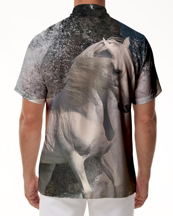 
Pentium White Dragon Horse Men's Casual Loose Tropical Style Button Lapel Pocket Street Casual Short Sleeve Seaside Fun Top
                