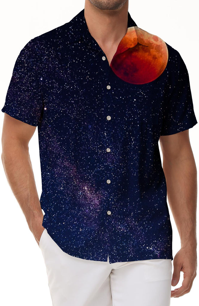 Night galaxy beauty fashion style men's casual loose retro short-sleeved shirt Hawaiian shirt lapel short-sleeved shirt button