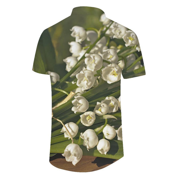 
White lily of the valley men's hip-hop fashion breathable button-down daily travel vacation beach seaside short-sleeved shirt hot wind four seasons Hawaiian short-sleeved shirt digital printing
                