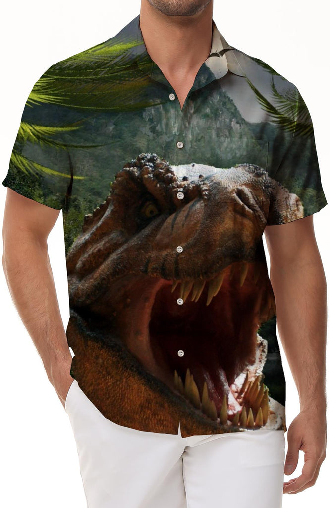 Jurassic Dinosaur T-Rex Hawaiian Men's Shirt Regular Fit Casual Button Down Travel Shirt