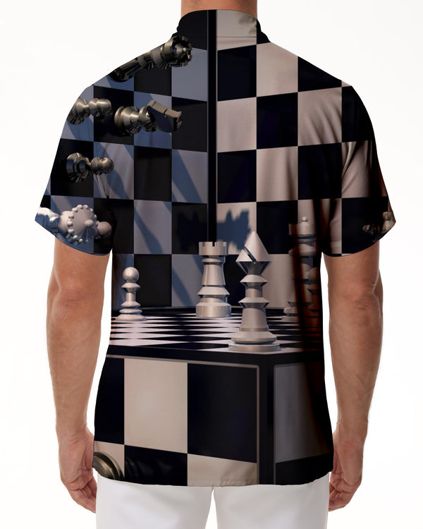 
Checkerboard style personality men's casual Hawaiian button print geometric shirt short sleeve beachwear black and white
                