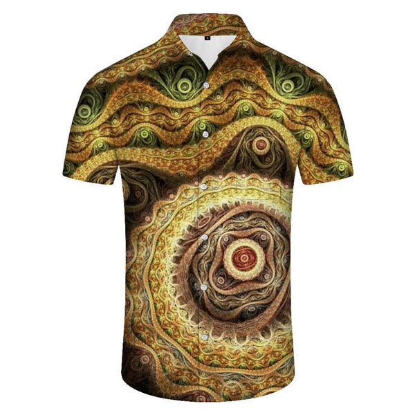 
Indian digital print golden yellow tropical button men's casual loose button shirt four seasons beach wear
                