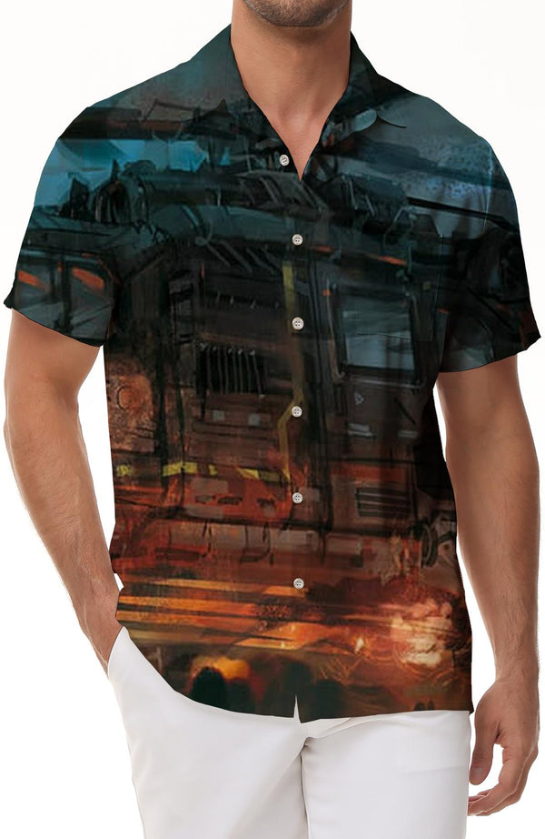 Loose Men's Fashion Leisure Boat Helicopter Pattern Short Sleeve Lapel Button Casual Tropical Summer Seaside Beach Shirt Tops
