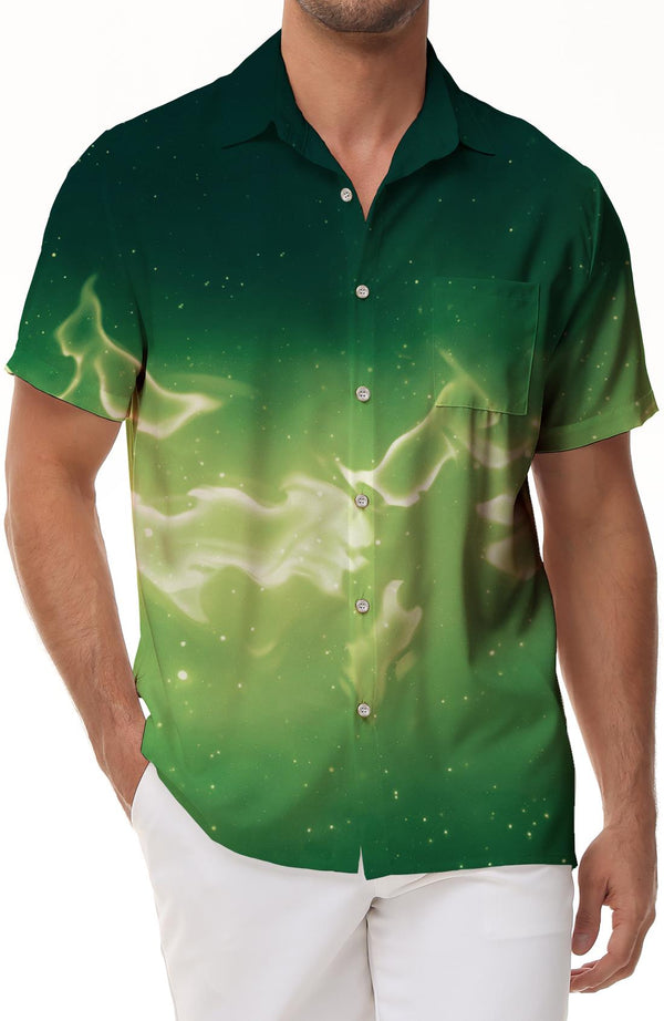Galaxy Green Gradient Flame Pattern Men's Shirt Short Sleeve Turtleneck Button Lapel Top Men's Shirt