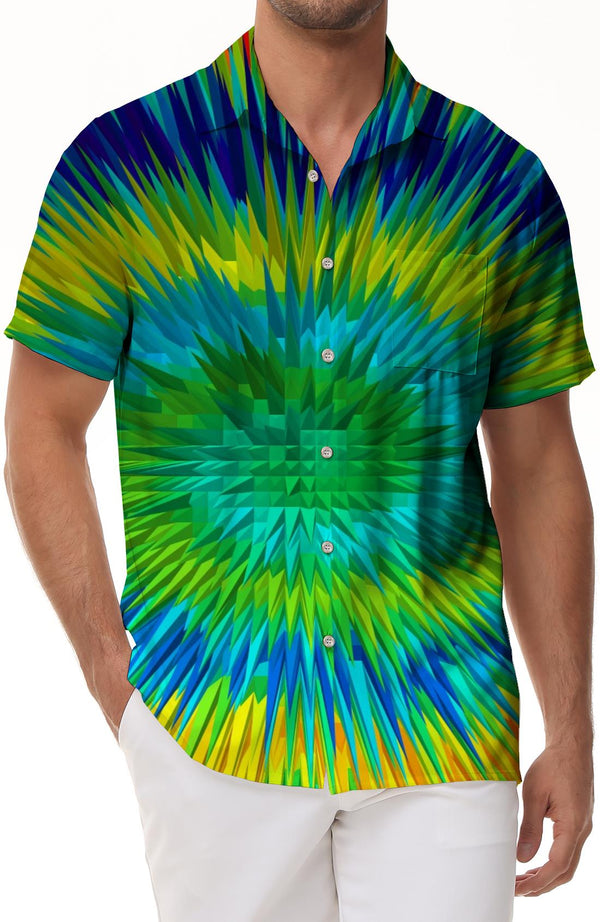 Tie Dye Colored Mens Casual Button Down Shirt Hawaiian Summer Beach Vacation Shirt Pocket Green