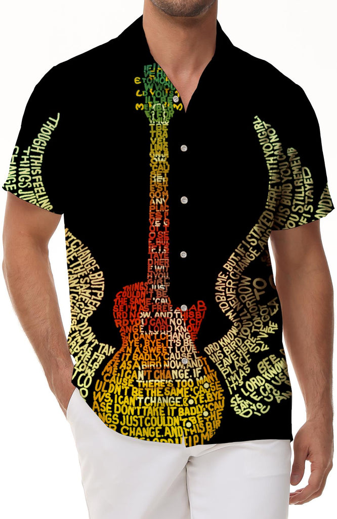 Black fluorescent stitching music guitar short-sleeved men's beach top 3D printing summer shirt suitable for music festival barbecue party leisure travel