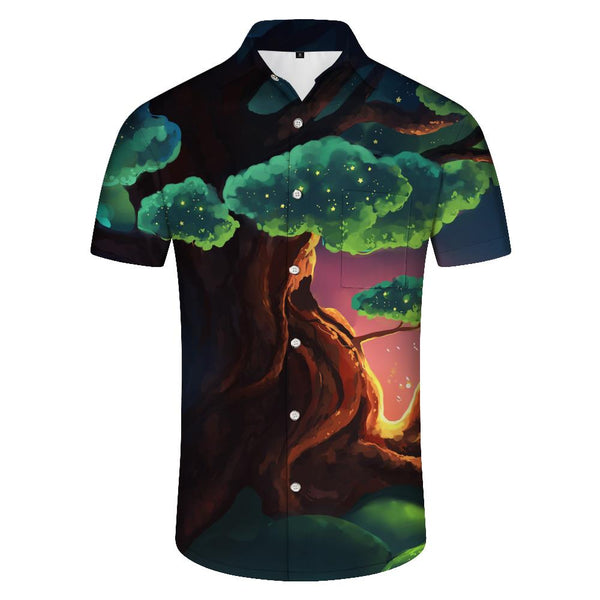 
Jungle green big tree print men's loose street running short-sleeved shirt four seasons tropical rainforest Hawaii fashion comfortable short-sleeved
                