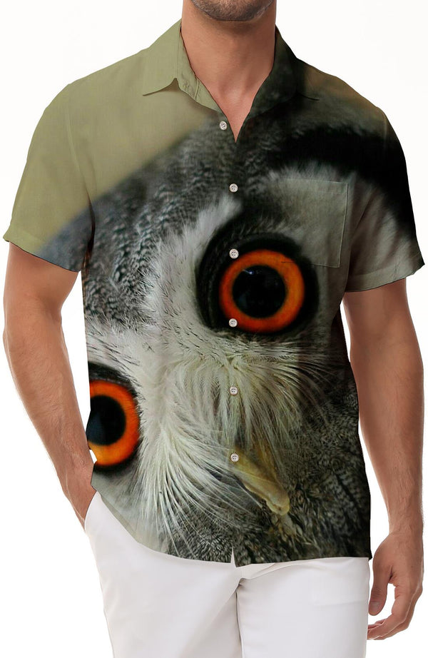 Owl Mens Cuban Collar Shirt Casual Button Down Shirts Short Sleeve for Vacation Beach