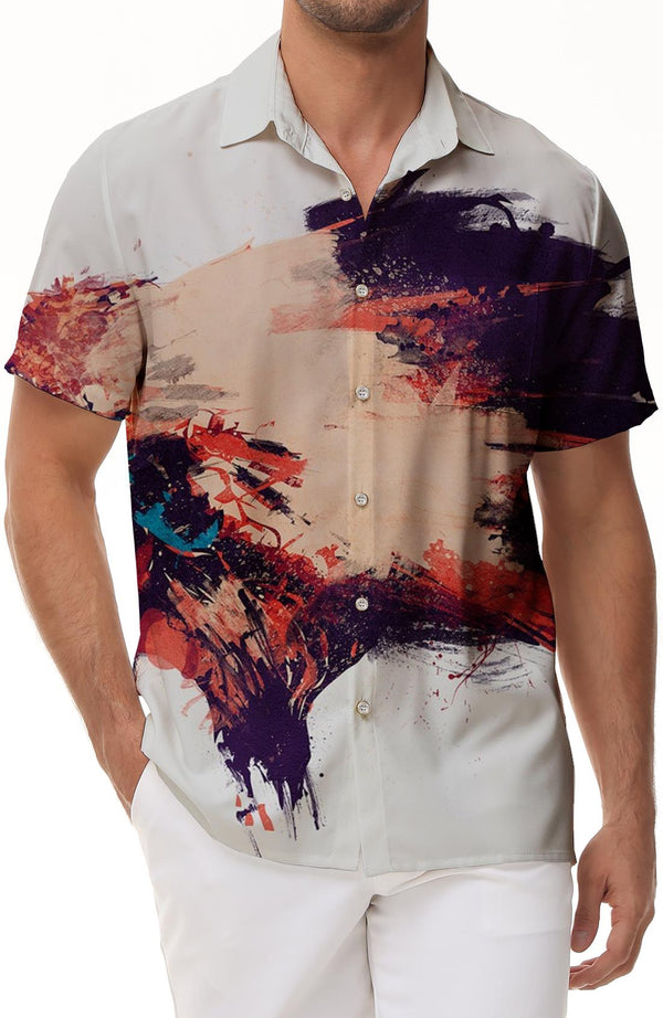 White abstract painting digital printing men's casual short-sleeved shirt dynamic 3d printing pattern casual Hawaii