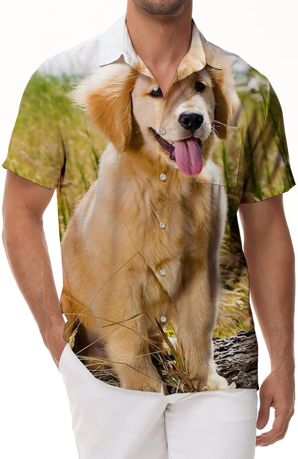 Men's Summer Beach Casual Short Sleeve Button Shirt Golden Retriever Puppy Pet Print Hawaiian Fashion Cool Shirt Tops