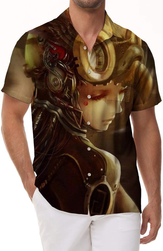 3D printed pattern button-down Hawaiian tropical beach seaside lapel pocket short-sleeved shirt men's casual fashion comfortable breathable shirt