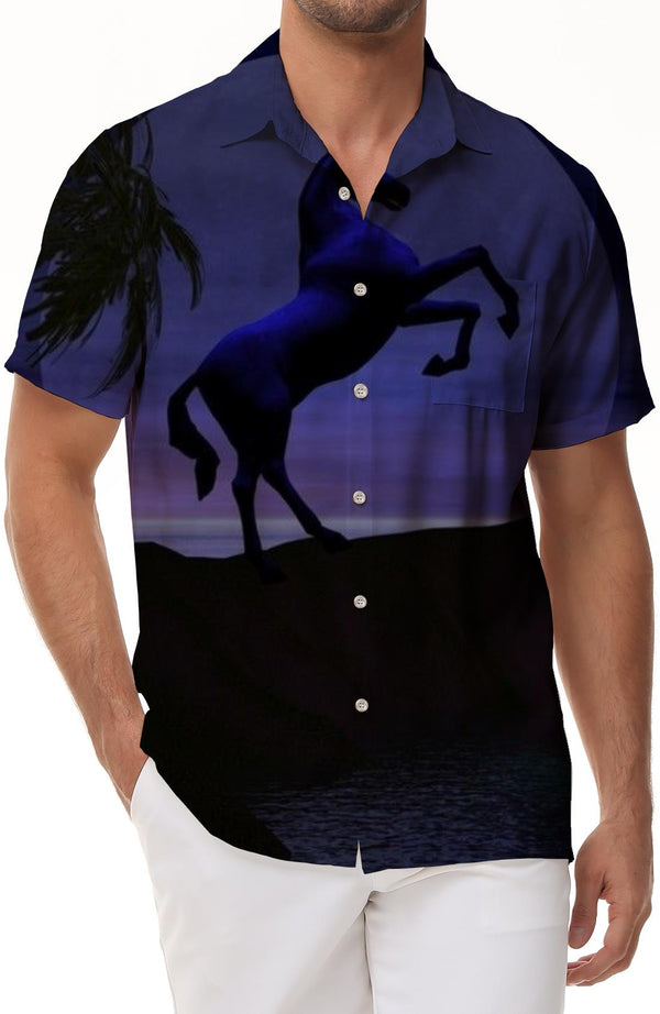 Sandstorm Night Purple White Horse Men's Short Sleeve Lapel Button Shirt Casual Summer Daily Wear Tops