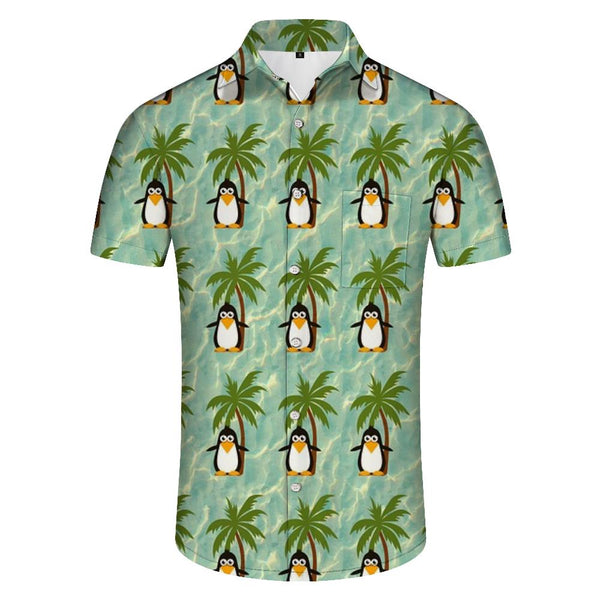
Fun Summer Beach Penguin Pattern Blue Men's Casual Print Short Sleeve Button Coconut Tree Shirt Short Sleeve
                